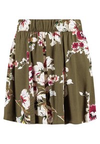 Spódnica w kwiaty w kolorze oliwkowym, z elastycznym pasem i plisowanym krojem. Białe i fioletowe kwiaty z zielonymi akcentami w całej spódnicy.
