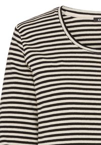 Schwarz-weiß gestreiftes Langarmshirt mit rundem Ausschnitt und weichem, strukturiertem Stoff, das gleichmäßig verteilte horizontale Streifen aufweist.