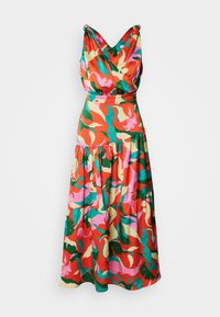 Robe florale multicolore aux teintes de rouge, rose, vert et jaune, avec un buste drapé en V et une jupe à volants.