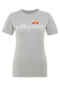Šedé bavlněné tričko s krátkým rukávem, které má kulatý výstřih a velké bílé logo "ellesse". Obsahuje barevnou polo-kruhovou grafiku.