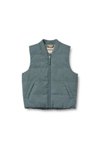 Gilet imbottito in un azzurro chiaro con zip frontale, scollatura rotonda e due tasche laterali. L'interno presenta un motivo a scacchi.