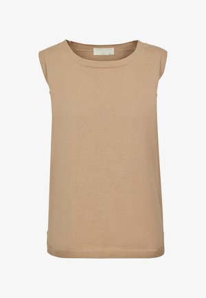 Top senza maniche in maglia beige con scollo rotondo e bordi a coste, progettato per un abbigliamento casual o formale.