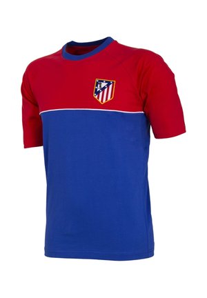 Sportshirt met korte mouwen in rood en blauw met het Atlético Madrid-logo op de linkerborst en een witte horizontale streep over de borst.