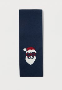 Mørkeblå tørklæde med et hvidt julemandsansigt iført en rød hat og røde solbriller strikket nær den ene ende.