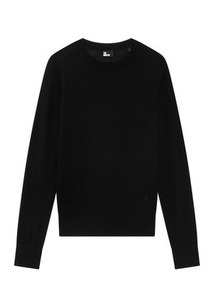 Maglione nero a collo rotondo con maniche lunghe, polsini a coste e una superficie liscia. Presenta un piccolo logo sul lato inferiore.