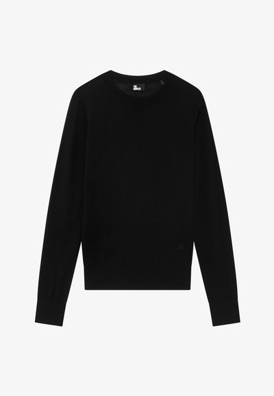 Maglione nero a collo rotondo con maniche lunghe, polsini a coste e una superficie liscia. Presenta un piccolo logo sul lato inferiore.