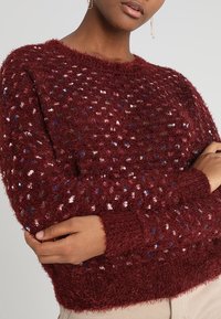 Pullover bordeaux a maglia con una trama fuzzy, caratterizzato da pois multicolori in rilievo su tutta la superficie e un colletto a girocollo. Maniche lunghe.