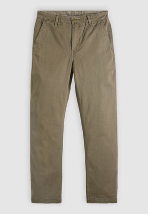 Pantaloni chinos color kaki in cotone con una trama liscia. Presentano un design classico, gambe dritte e tasche frontali.
