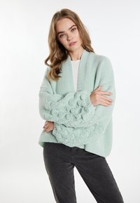 Světle mátově zelený oversized pletený cardigan s texturovanými rukávy ve stylu bobulí. Hladký výstřih a manžety, v kombinaci s tmavě šedými džíny.