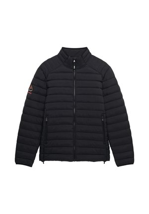 Veste matelassée noire en duvet avec fermeture éclair frontale complète, poches latérales zippées, col montant et petit écusson logo sur la partie supérieure de la manche gauche.