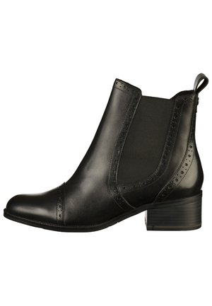 Sort læder ankelstøvle med brogue-detaljer, elastiske sidepaneler, læderstrop ved hælen og lav, stablet hæl.
