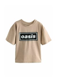 Beige Baumwoll-T-Shirt mit kurzen Ärmeln, ausgestattet mit einem schwarzen rechteckigen Logo, das das Wort "oasis" in Weiß zeigt, im Rundhals-Design.