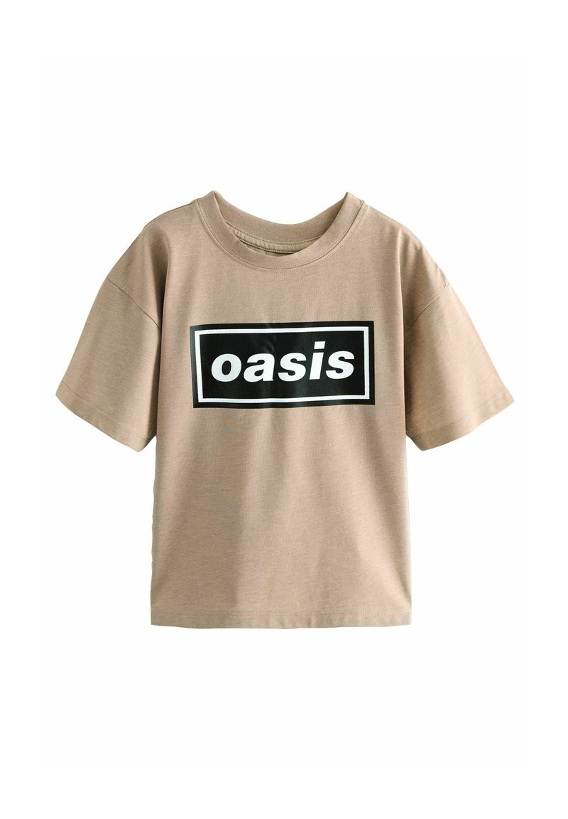 Beige Baumwoll-T-Shirt mit kurzen Ärmeln, ausgestattet mit einem schwarzen rechteckigen Logo, das das Wort "oasis" in Weiß zeigt, im Rundhals-Design.
