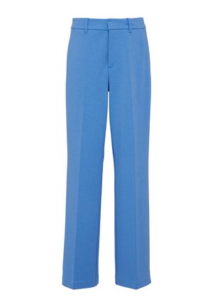 Pantalons bleus à jambe droite en tissu doux, avec une taille plate, des passants de ceinture et des plis marqués à l'avant.