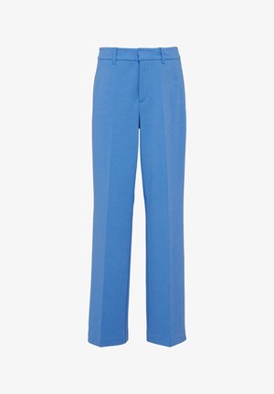 Modré rovné nohavice vyrobené z mäkkej tkaniny, s plochým predkom, pútkami na opasok a prežehlenými dlahami v prednej časti.