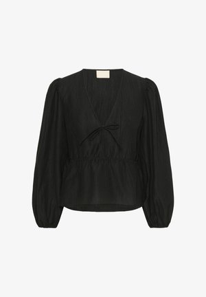 Must mustri V-kaelusega must bluus, kogutud taljega ja volüümikate varrukatega. Tekstuuriga kangas, millel on vertikaalsed triibud ja ees seotud detail.