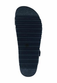 Schwarze Flip-Flop-Sohle mit strukturierten Oberflächen, horizontalen Rillen und einer abgerundeten Spitze. Hergestellt aus strapazierfähigem Material, das für Komfort sorgt.