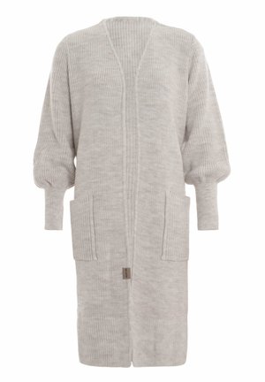 Lichtgrijze, gebreide lange cardigan met ballonmouwen, ribgebreide manchetten, twee frontzakken en een open ontwerp.