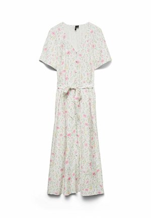 Robe midi blanche à manches courtes, col en V, boutonnée sur le devant, imprimé floral en rose, jaune et vert, avec une ceinture à nouer à la taille.