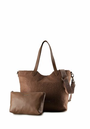 Borsa a tracolla in spazzolato marrone con tracolla staccabile coordinata e una piccola pochette in pelle liscia, entrambe firmate con il logo Valentino.