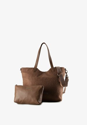 Borsa a tracolla in spazzolato marrone con tracolla staccabile coordinata e una piccola pochette in pelle liscia, entrambe firmate con il logo Valentino.