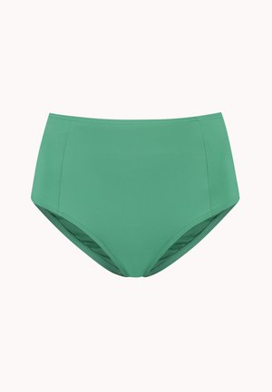 Slip bikini a vita alta in verde uniforme. Realizzato in tessuto liscio ed elastico con cuciture pulite e senza decorazioni visibili.