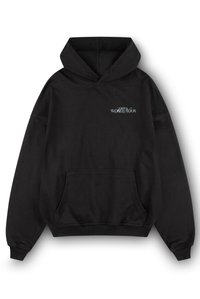 Black hoodie made of cotton with a front pocket, drawstring hood, and embroidered "WORLD TOUR" text in light blue on the left chest.