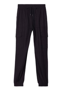 Pantalons cargo noirs avec une taille élastique et un cordon de serrage réglable. Comprend plusieurs poches latérales et des poignets fuselés aux chevilles.