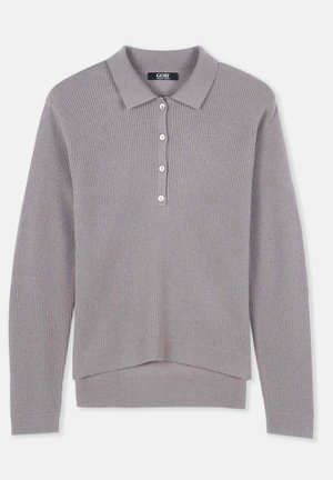 Grauer strukturierter Strickpullover mit Kragen, Knopfleiste mit drei Knöpfen und gerippten Bündchen. Verfügt über einen leicht verlängerten hinteren Saum und ein dezentes Muster.