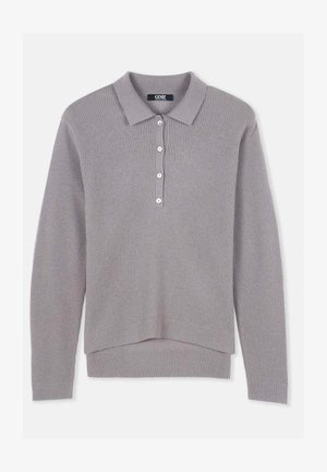 Grauer strukturierter Strickpullover mit Kragen, Knopfleiste mit drei Knöpfen und gerippten Bündchen. Verfügt über einen leicht verlängerten hinteren Saum und ein dezentes Muster.