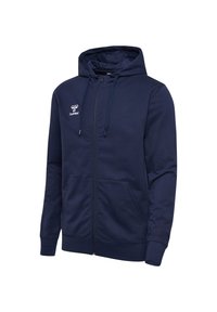 Marineblauwe zip-up hoodie gemaakt van een zachte katoenmix. Voorzien van een capuchon, voorzakken, ribgebreide manchetten en een klein logo op de linkerkant van de borst.