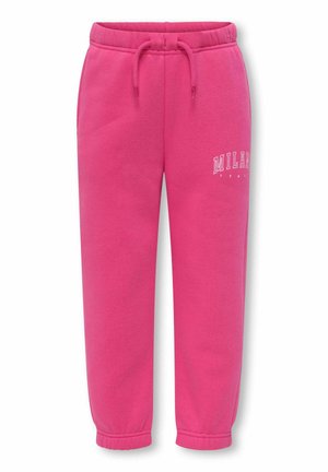 Lyserøde fleece joggingbukser med elastisk talje, snøre, elastiske manchetter og hvid "MILANO ITALY" tekst på det øverste lår.