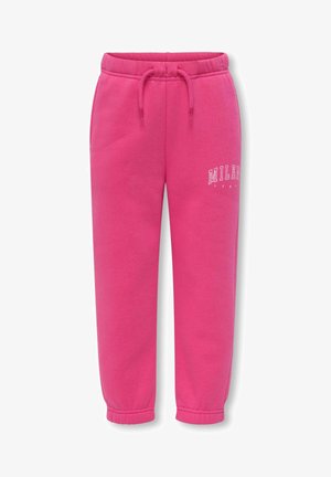 Lyserøde fleece joggingbukser med elastisk talje, snøre, elastiske manchetter og hvid "MILANO ITALY" tekst på det øverste lår.