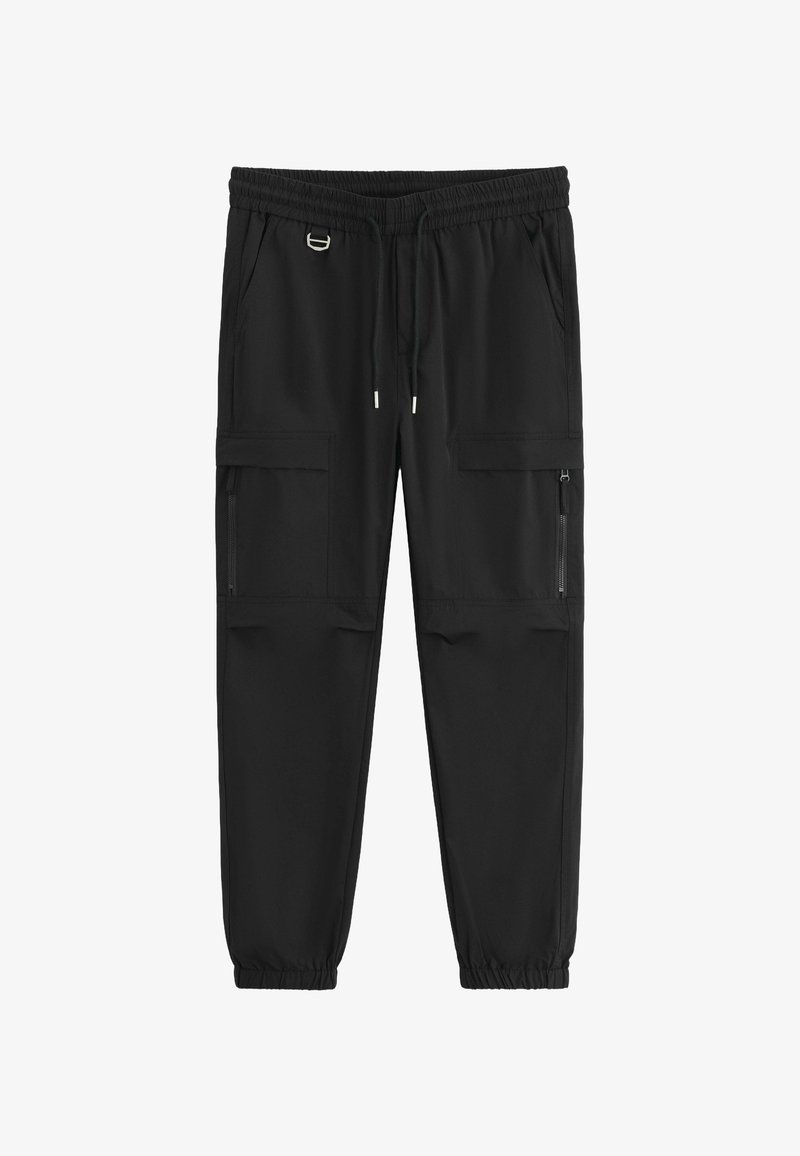 Pantalons jogger cargo noirs avec taille et poignets élastiques, cordon de serrage, poches zippées sur la cuisse et poches latérales, conçus pour un usage décontracté.