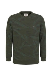 Zelená mikina se vzorem camouflage, kulatým výstřihem, žebrovanými manžetami a lemem. Vyrobena z měkké látky s malým logem značky na hrudi.