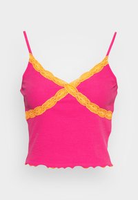 Tajt rosa linne med tunna axelband och scalloped avslut, med crisscross orange spetsdetaljer längs halsringningen och under bysten.