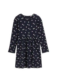 Abito navy a maniche lunghe con gonna arricciata, caratterizzato da un motivo ripetitivo di piccoli cuori rosa e verdi su tutta la superficie. Realizzato in misto cotone.