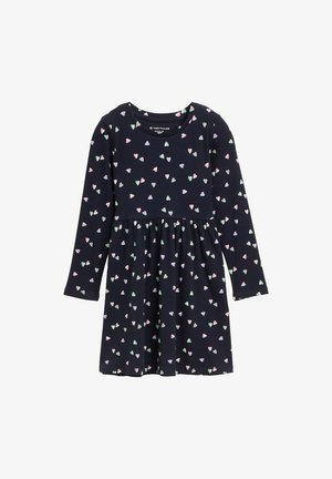 Sinji obleki z dolgimi rokavi, z nabrano krilom, ki ima ponavljajoč se vzorec majhnih roza in zelenih srčkov po celi površini. Iz mešanice bombaža.