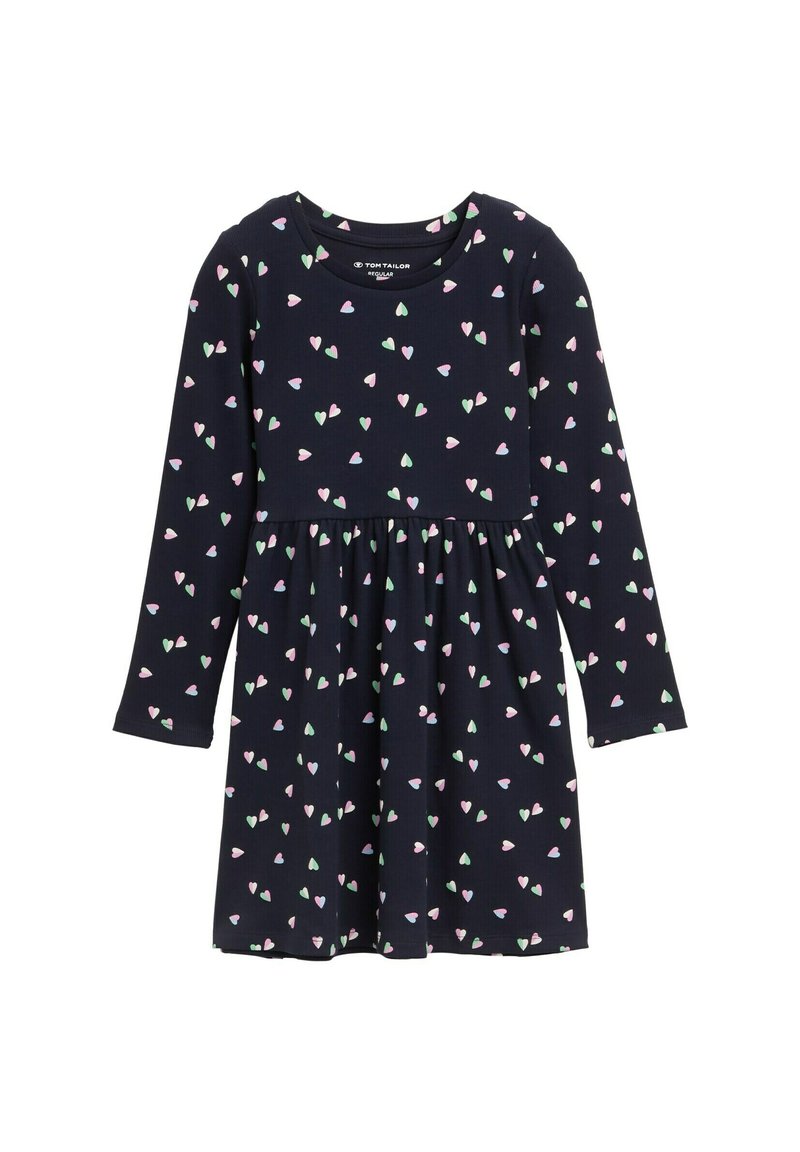 Abito navy a maniche lunghe con gonna arricciata, caratterizzato da un motivo ripetitivo di piccoli cuori rosa e verdi su tutta la superficie. Realizzato in misto cotone.