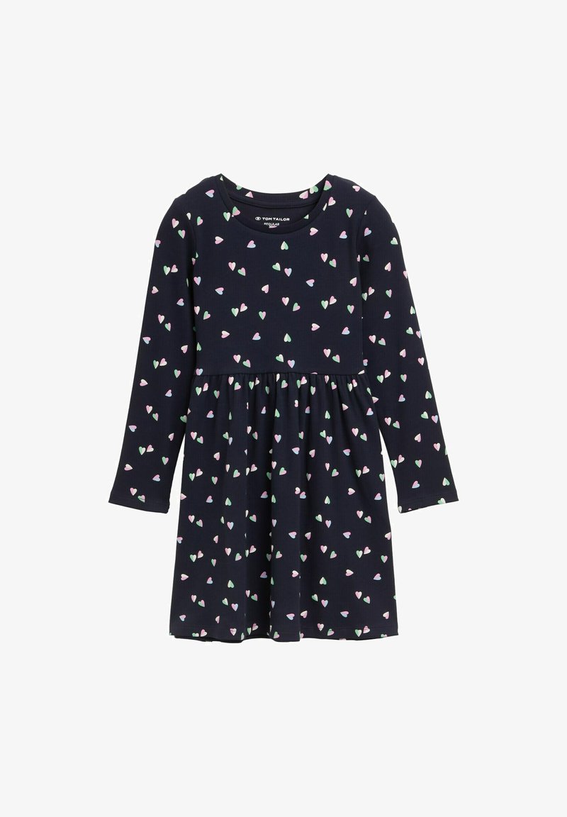 Langärmliges navy-blaues Kleid mit einem gerafften Rock, das ein sich wiederholendes Muster aus kleinen rosa und grünen Herzen aufweist. Aus einem Baumwollgemisch.