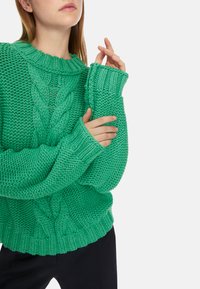 Grüner Strickpullover mit Cable-Design, gerippten Bündchen und strukturiertem Finish. Mit Rundhalsausschnitt und lässiger Passform gestaltet.