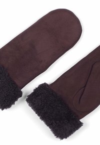 Ruskean mokkanahkamittarit, joissa on teksturoitu tumma turkisreunus. Muotoilu on ylisuurta, pyöreä ylhäältä ja sileä pinta. Ei näkyvää metalliosaa.