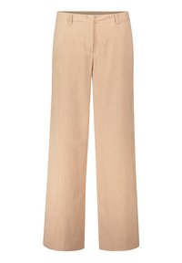 Beige wijde pantalon gemaakt van ribbelstof. Beschikt over een sluiting aan de voorkant, riemlussen en een relaxte pasvorm. Gestructureerd oppervlak met verticale strepen.