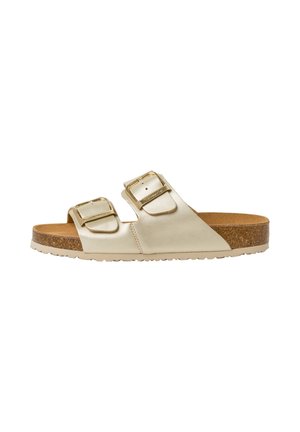 Goldene Leder-Sandalen mit dualen verstellbaren Schnallen, Korkfußbett und einer rutschfesten Gummisohle für besseren Halt. Flaches, offenes Design.
