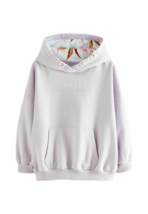 Felpa leggera viola con tasca a marsupio, polsini e orlo a coste, con un rivestimento interno a motivo floreale e logo "BAKER" in rilievo sulla parte anteriore.