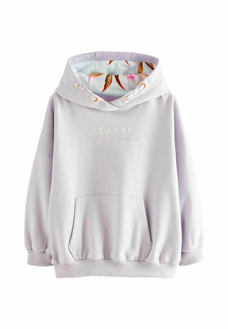 Felpa leggera viola con tasca a marsupio, polsini e orlo a coste, con un rivestimento interno a motivo floreale e logo "BAKER" in rilievo sulla parte anteriore.