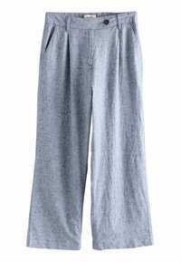 Pantaloni leggeri di colore blu chiaro, realizzati in tessuto con una sottile trama, dotati di chiusura a bottoni, pieghe e design a gamba larga.