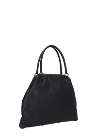 Borsa tote in pelle nera con texture liscia, doppi manici arrotondati e forma strutturata. Presenta dettagli discreti e chiusura sicura.
