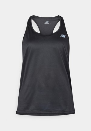 Débardeur de sport noir en tissu léger, avec un design dos nageur, des coutures plates et le logo New Balance en gris sur le coin supérieur gauche.