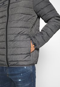 Giacca in piumino grigia con trapuntatura orizzontale, dotata di chiusura frontale con zip e tasche laterali. Accentuata da un logo multicolore sulla manica.